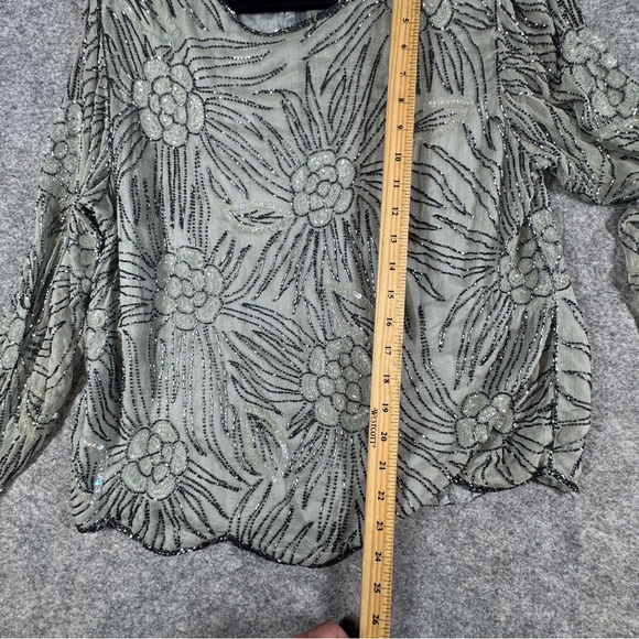 Vintage Pure Silk Beaded Floral Sheer Blouse Long Sleeve Art Ethereal Top - Picture 9 of 16